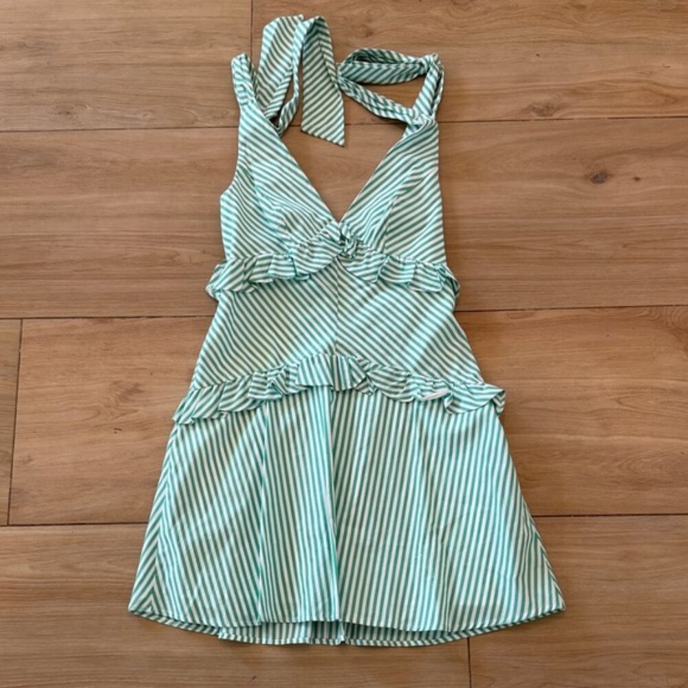 BCBGeneration Green White Striped Ruffle Tie Shoulder Mini Dress Size 2
